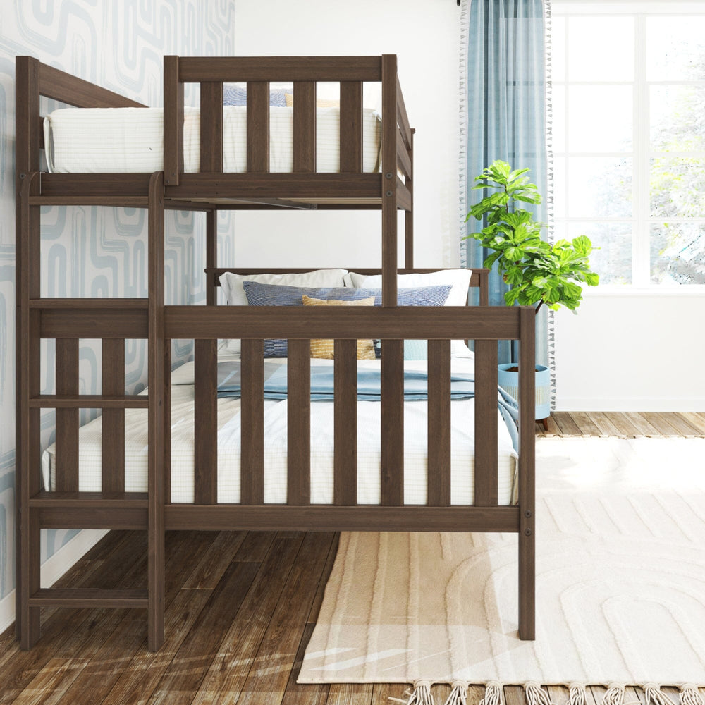 Max and Lily Twin Over Full Bunk Bed With Ladder On End in Walnut - front view in a styled bedroom beside a bright window