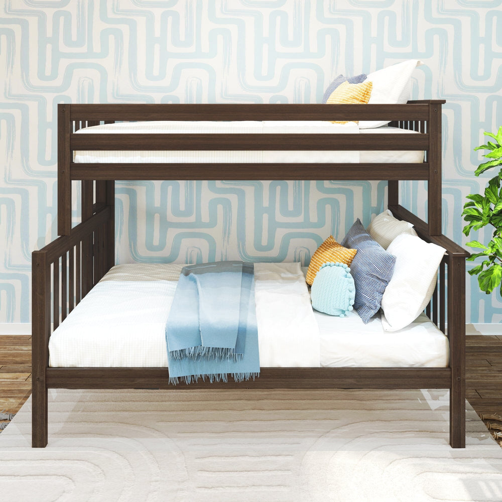 Max and Lily Twin Over Full Bunk Bed With Ladder On End in Walnut - front view styled with pillows and a blue throw blanket