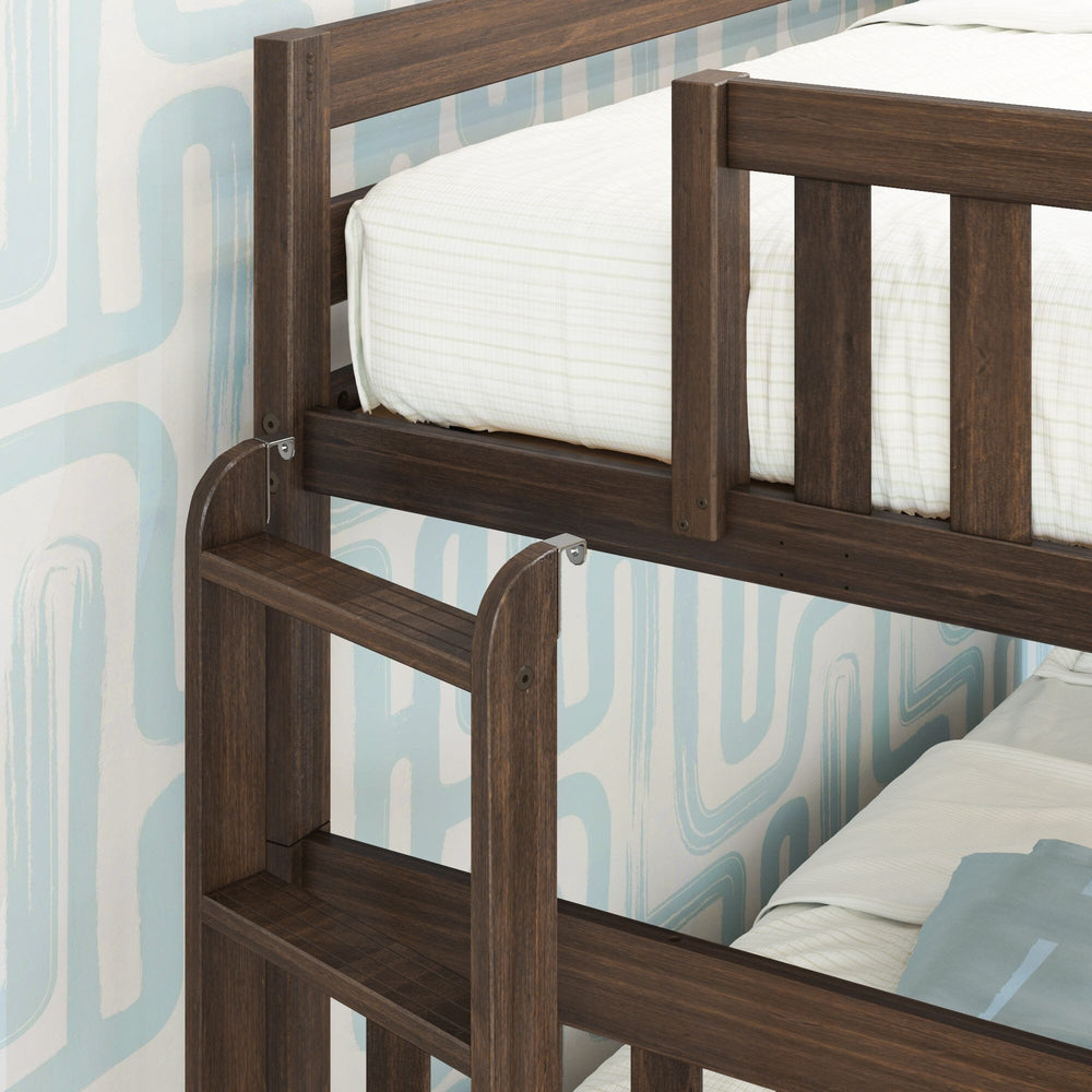 Max and Lily Twin Over Full Bunk Bed With Ladder On End in Walnut - close-up of the upper bunk guardrail and the ladder step with hook attachment