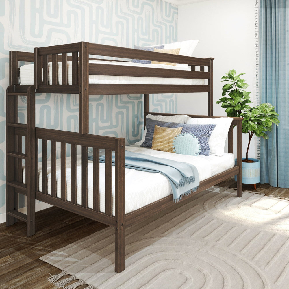 Max and Lily Twin Over Full Bunk Bed With Ladder On End in Walnut - angled view in a styled bedroom with patterned wallpaper, plants and pillows