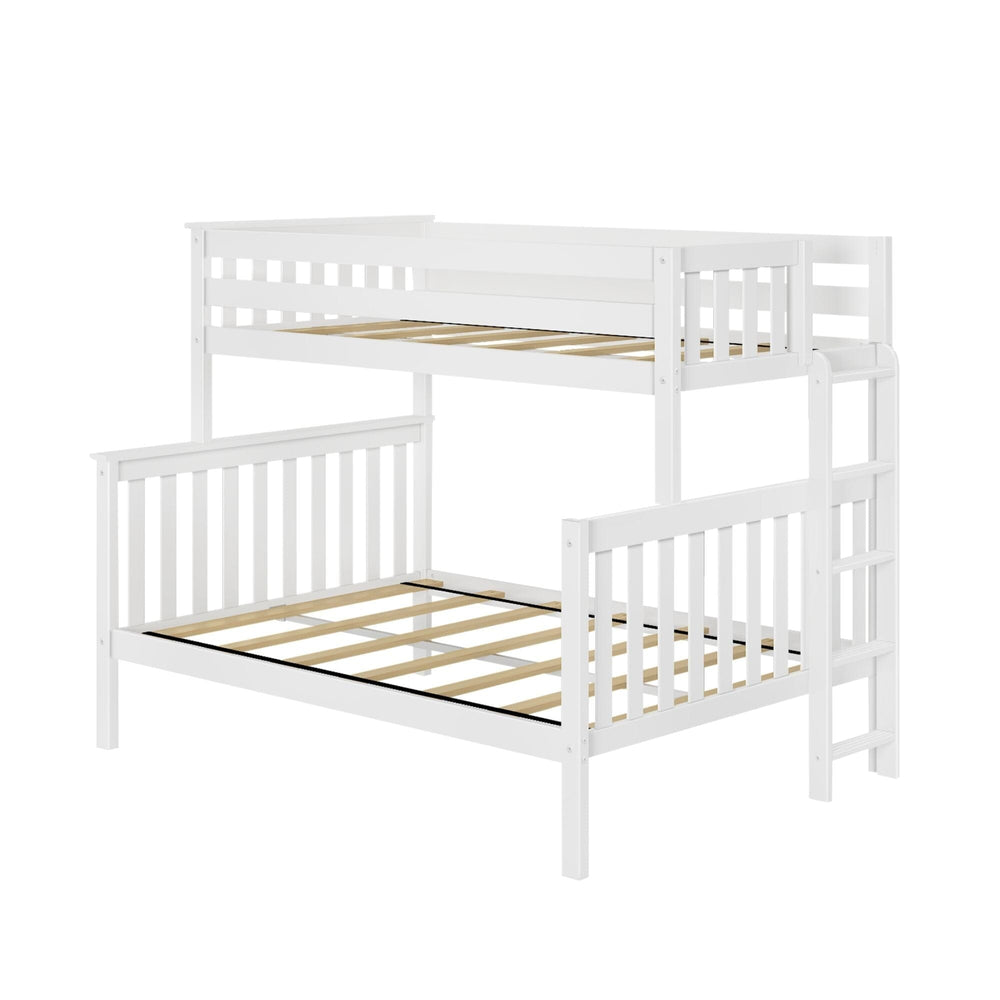 Max and Lily Twin Over Full Bunk Bed With Ladder On End in White - three-quarter view on a plain background showing the wooden slat supports and end ladder without mattresses.
