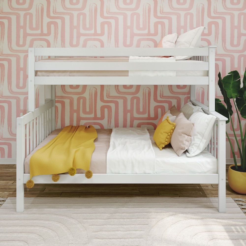 Max and Lily Twin Over Full Bunk Bed With Ladder On End in White - straight-on front view showing the upper twin bunk with guardrails above the wider lower full bed.