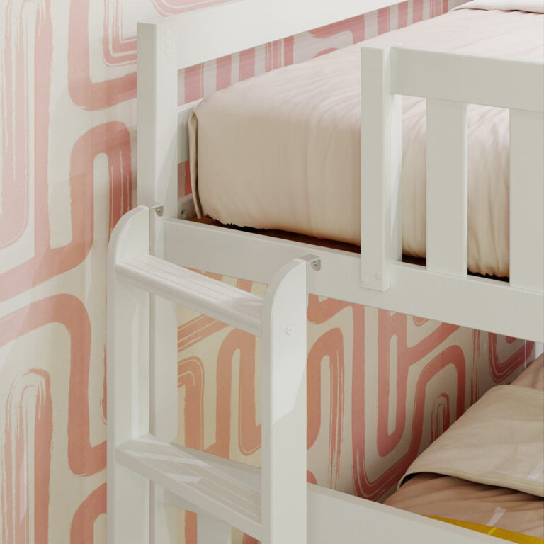 Max And Lily Twin Over Full Bunk Bed With Ladder On End White Ladder Detail Max and Lily Twin Over Full Bunk Bed With Ladder On End in White - close-up of the end ladder rungs meeting the upper bunk safety guardrail.