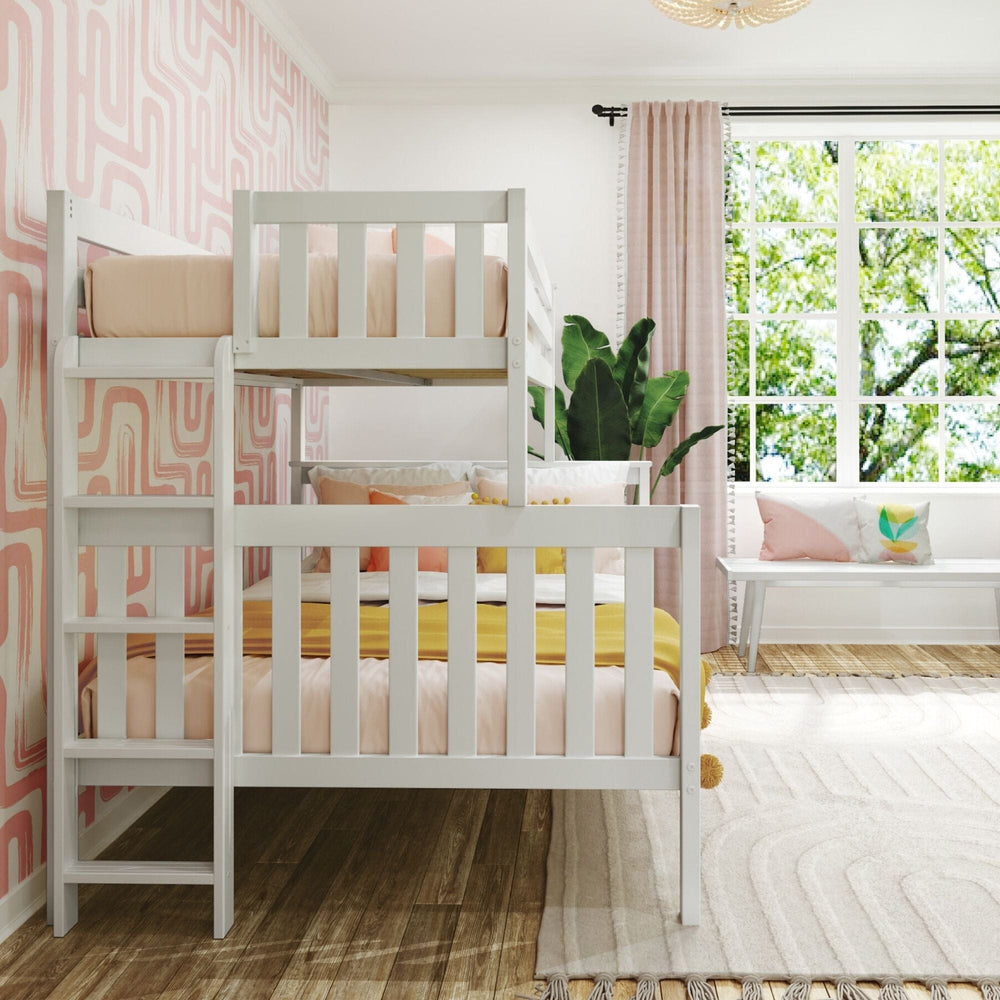 Max and Lily Twin Over Full Bunk Bed With Ladder On End in White - front angled view of the bunk bed with end ladder and full-length guardrails in a bright window-lit bedroom.