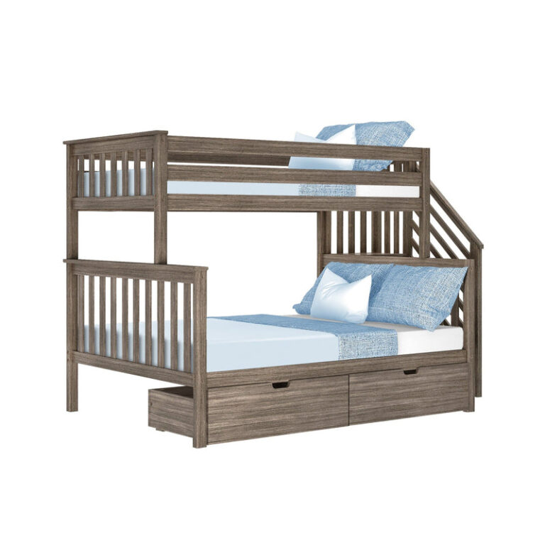 Max And Lily Twin Over Full Bunk Bed With Stairs And Storage Clay Angle View Max and Lily Twin Over Full Bunk Bed with Stairs and Storage in Clay - angled studio view with staircase, safety guardrails and two under-bed storage drawers, dressed in blue bedding.
