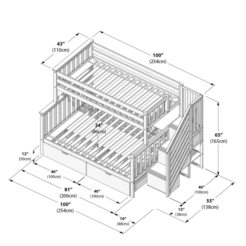 Max and Lily Twin Over Full Bunk Bed with Stairs and Storage in Clay - detailed dimensions diagram with measurements in inches and centimetres for the bed, staircase and storage drawers.