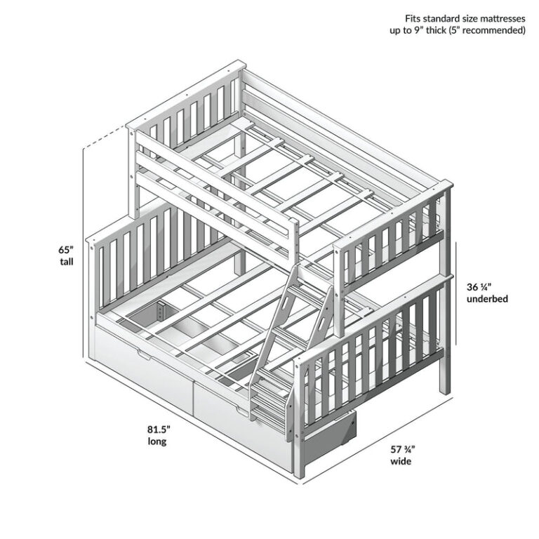Max And Lily Twin Over Full Bunk Bed With Stairs And Storage Clay Dimensions Diagram 7 Max and Lily Twin Over Full Bunk Bed with Stairs and Storage in Clay - dimensions diagram listing 65 inches tall, 81.5 inches long, 57 3/4 inches wide and 36 1/4 inches of underbed clearance.