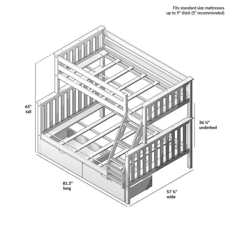 Max and Lily Twin Over Full Bunk Bed with Stairs and Storage in Clay - dimensions diagram listing 65 inches tall, 81.5 inches long, 57 3/4 inches wide and 36 1/4 inches of underbed clearance.