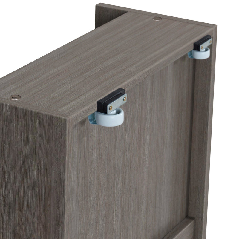 Max and Lily Twin Over Full Bunk Bed with Stairs and Storage in Clay - close-up of the rolling caster wheels on an under-bed storage drawer.