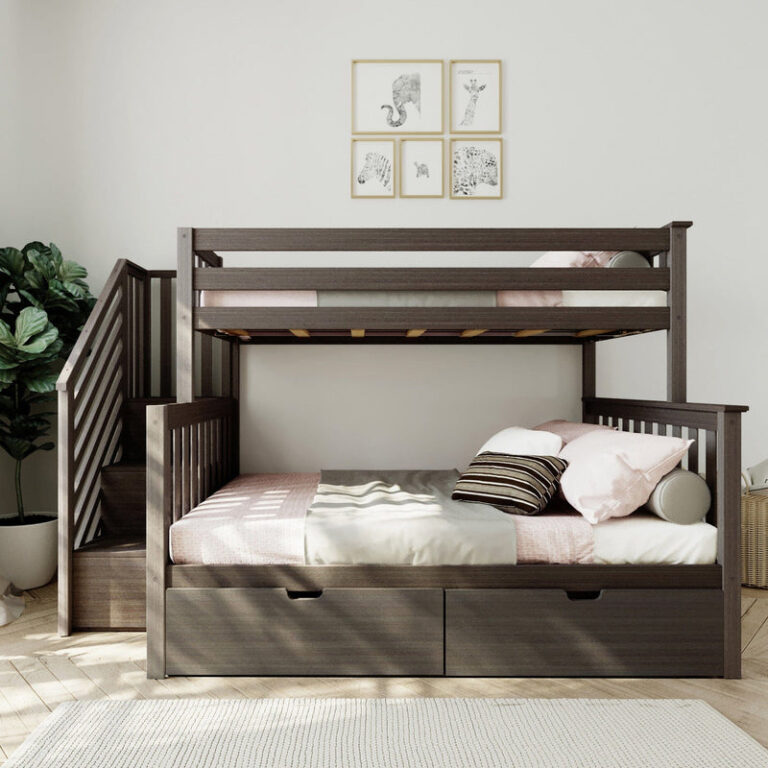 Max And Lily Twin Over Full Bunk Bed With Stairs And Storage Clay Room Scene Max and Lily Twin Over Full Bunk Bed with Stairs and Storage in Clay - room setting showing the side staircase, upper twin bunk with guardrails and lower full bed with storage drawers.