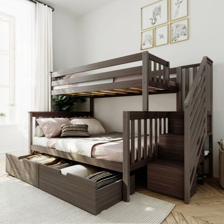 Max And Lily Twin Over Full Bunk Bed With Stairs And Storage Clay Storage Drawers Open Max and Lily Twin Over Full Bunk Bed with Stairs and Storage in Clay - angled view in a styled bedroom with the two under-bed storage drawers pulled open.