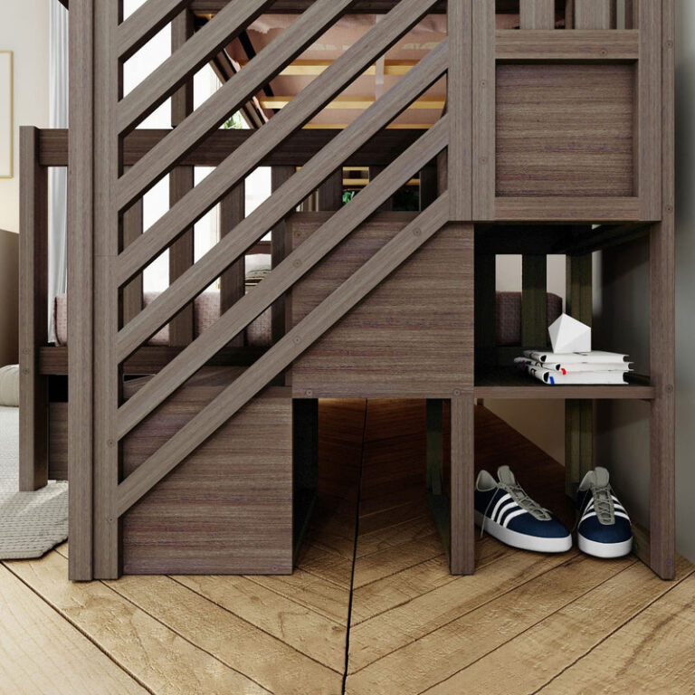 Max And Lily Twin Over Full Bunk Bed With Stairs And Storage Clay Under Stair Storage Max and Lily Twin Over Full Bunk Bed with Stairs and Storage in Clay - close-up of the open storage shelf beneath the staircase holding books and shoes.