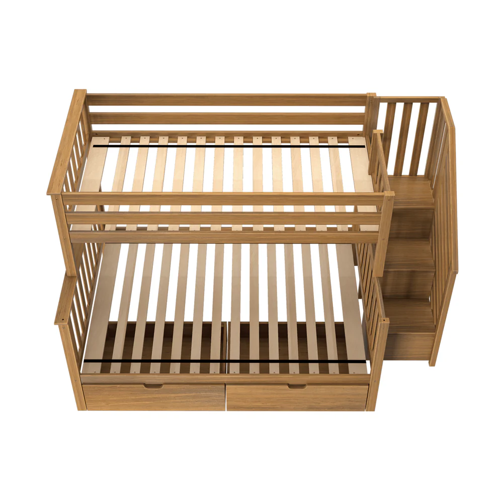 Max and Lily Twin Over Full Bunk Bed with Stairs and Storage in Pecan - angled product view on white showing the slats, staircase, and storage drawers