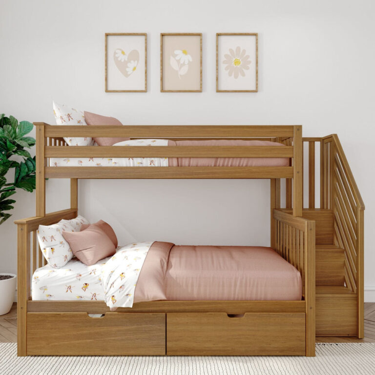Max And Lily Twin Over Full Bunk Bed With Stairs And Storage Pecan Front View Max and Lily Twin Over Full Bunk Bed with Stairs and Storage in Pecan - front view in a styled bedroom with storage drawers, staircase, and safety guardrail