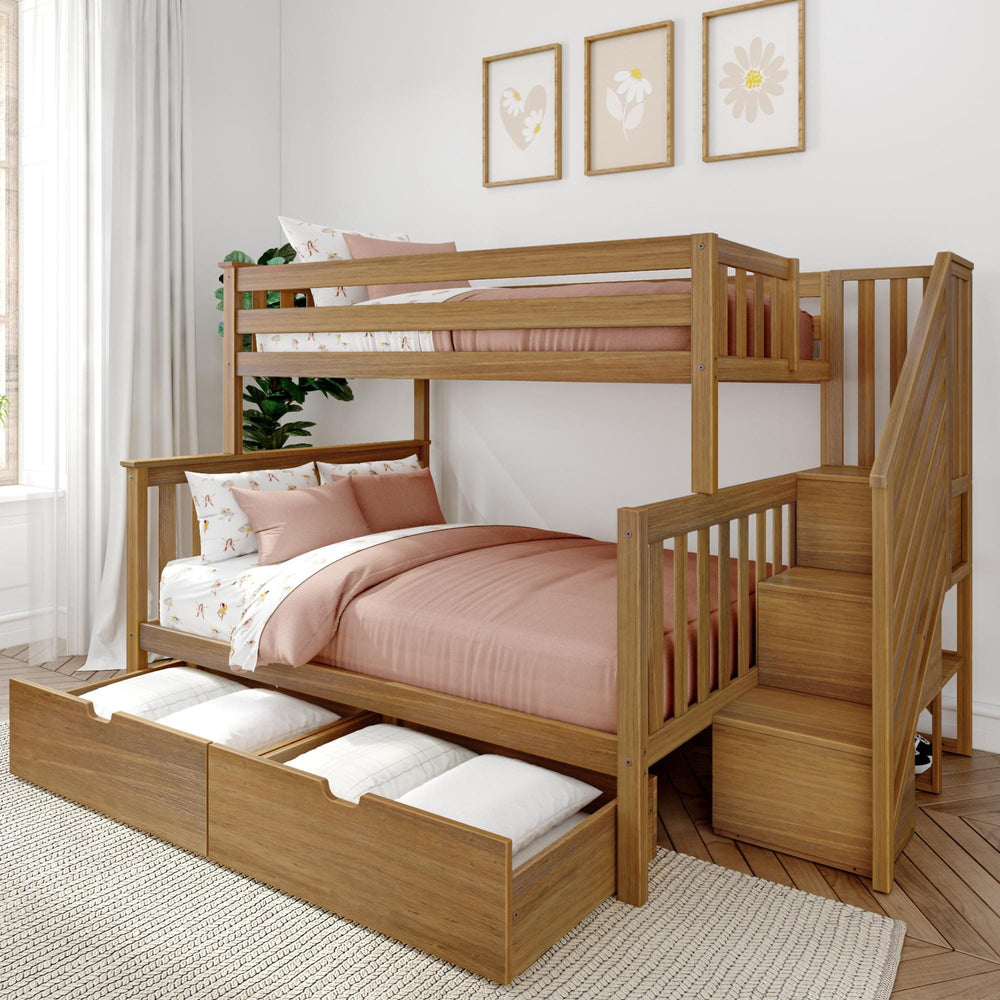 Max and Lily Twin Over Full Bunk Bed with Stairs and Storage in Pecan - angled bedroom view showing the staircase, under-bed storage drawers, and pink bedding
