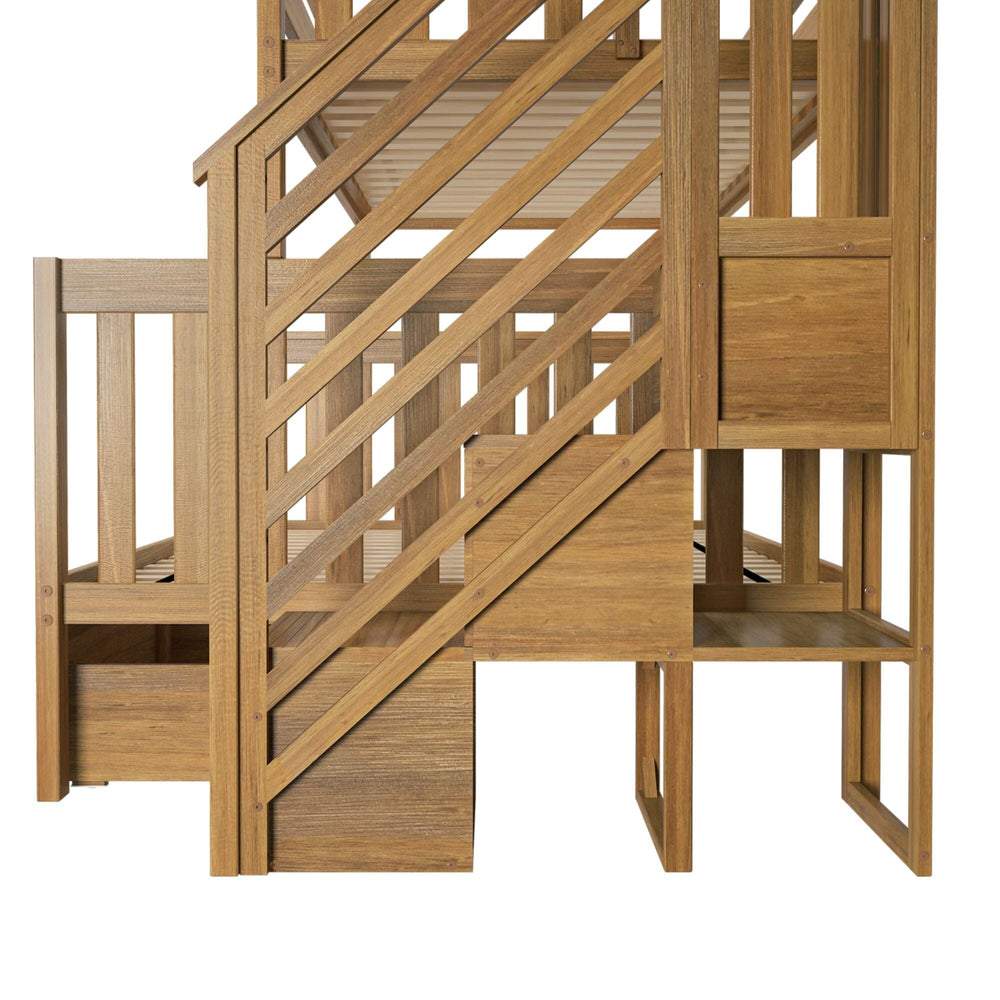 Max and Lily Twin Over Full Bunk Bed with Stairs and Storage in Pecan - close-up of the staircase steps and safety guardrail