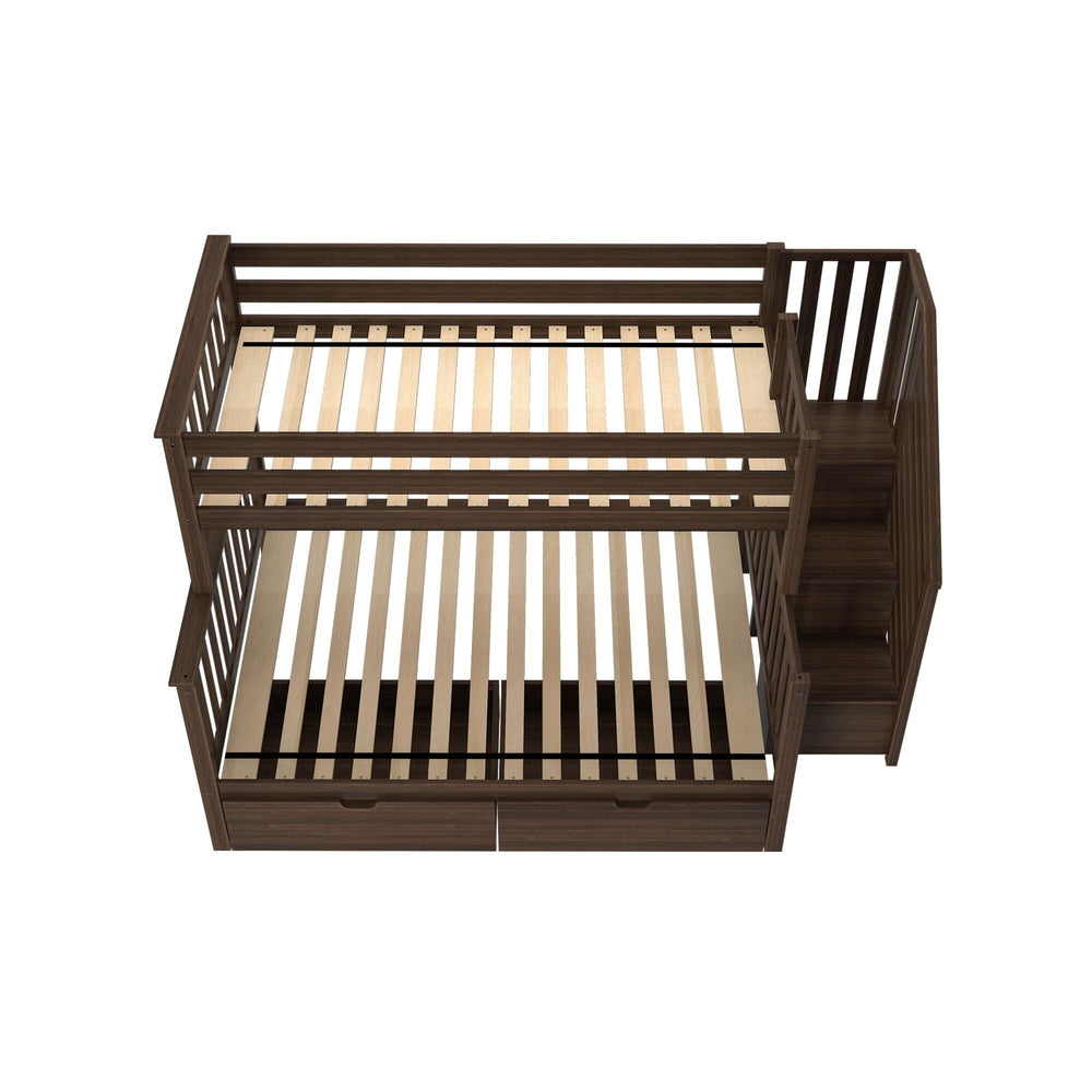 Max and Lily Twin Over Full Bunk Bed with Stairs and Storage in Walnut - angled product view showing mattress slats, side staircase, and under-bed storage drawers