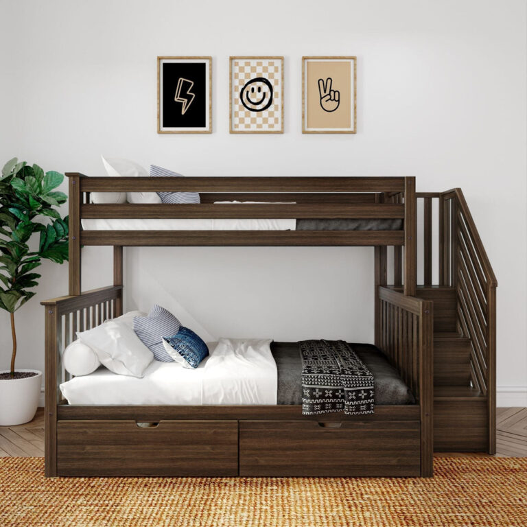 Max And Lily Twin Over Full Bunk Bed With Stairs And Storage Walnut Front View Max and Lily Twin Over Full Bunk Bed with Stairs and Storage in Walnut - front view in a styled bedroom with under-bed storage drawers, staircase, and wall art