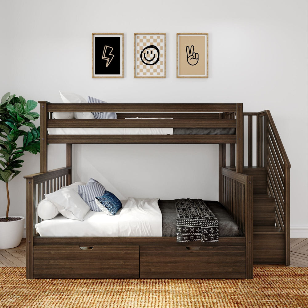 Max and Lily Twin Over Full Bunk Bed with Stairs and Storage in Walnut - front view in a styled bedroom with under-bed storage drawers, staircase, and wall art