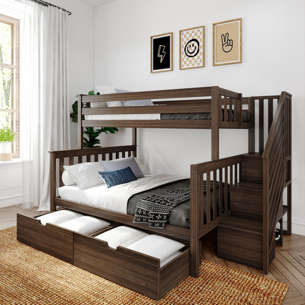 Max and Lily Twin Over Full Bunk Bed with Stairs and Storage in Walnut - angled bedroom view with pull-out storage drawers open, side staircase, and safety guardrails