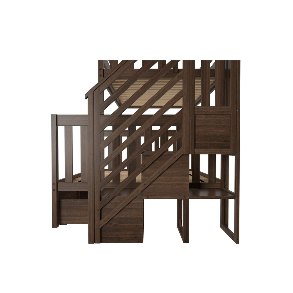 Max and Lily Twin Over Full Bunk Bed with Stairs and Storage in Walnut - side view showing the staircase with built-in under-stair storage drawers