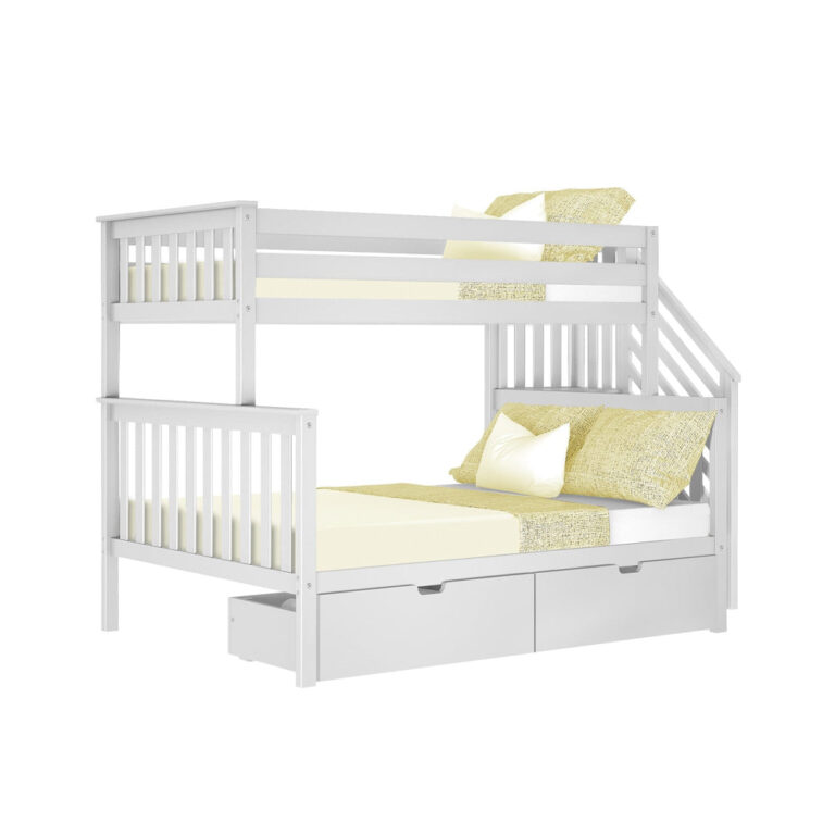 Max And Lily Twin Over Full Bunk Bed With Stairs And Storage White Angle View Max and Lily Twin Over Full Bunk Bed with Stairs and Storage in White, angle view on a white background showing the staircase and under-bed storage drawers.