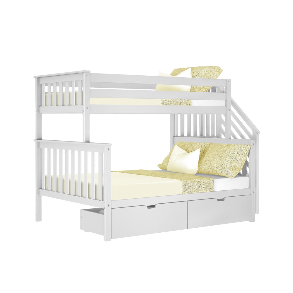 Max and Lily Twin Over Full Bunk Bed with Stairs and Storage in White, angle view on a white background showing the staircase and under-bed storage drawers.