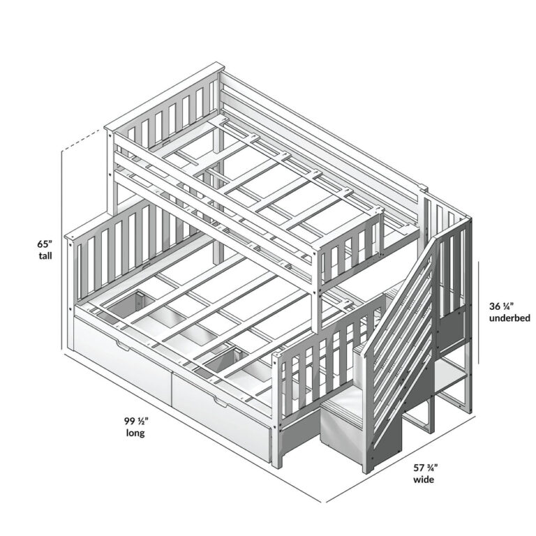 Max And Lily Twin Over Full Bunk Bed With Stairs And Storage White Dimensions Diagram 7 Max and Lily Twin Over Full Bunk Bed with Stairs and Storage in White - a line-drawing dimensions diagram showing 65 inches tall, 99.5 inches long, 57.75 inches wide, and 36.25 inches of under-bed clearance.