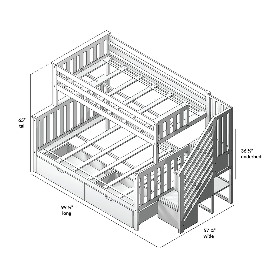 Max and Lily Twin Over Full Bunk Bed with Stairs and Storage in White - a line-drawing dimensions diagram showing 65 inches tall, 99.5 inches long, 57.75 inches wide, and 36.25 inches of under-bed clearance.