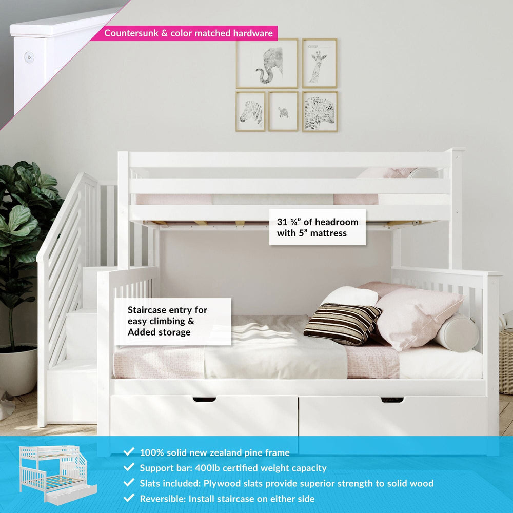 Max and Lily Twin Over Full Bunk Bed with Stairs and Storage in White with labeled callouts for countersunk hardware, headroom, staircase entry storage, and solid pine frame.