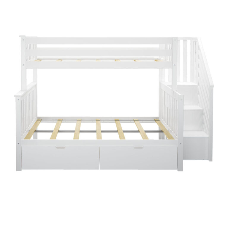 Max And Lily Twin Over Full Bunk Bed With Stairs And Storage White Front View Max and Lily Twin Over Full Bunk Bed with Stairs and Storage in White, front view on a white background showing the exposed wood slats and side staircase.