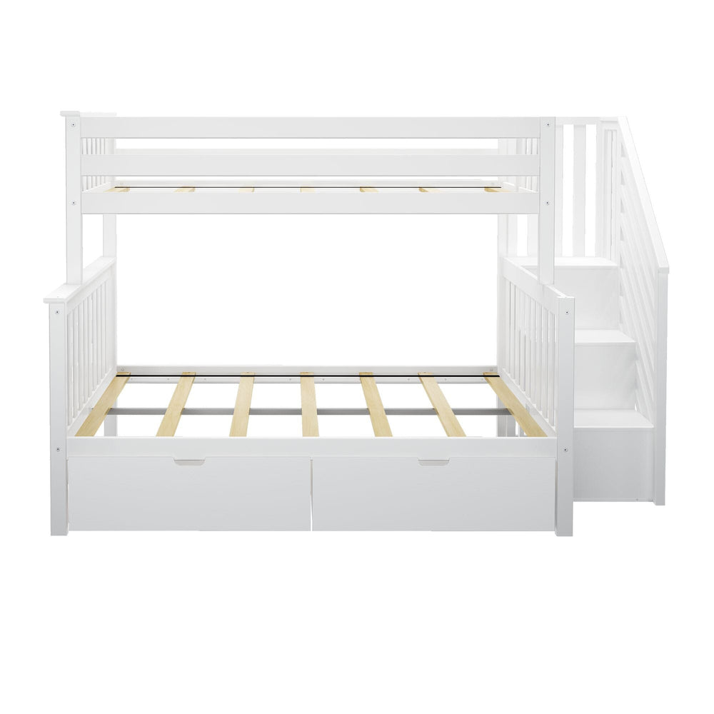 Max and Lily Twin Over Full Bunk Bed with Stairs and Storage in White, front view on a white background showing the exposed wood slats and side staircase.
