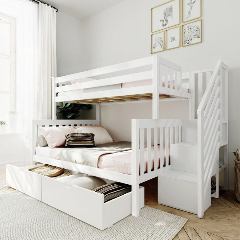 Max And Lily Twin Over Full Bunk Bed With Stairs And Storage White Room Scene 1 Max and Lily Twin Over Full Bunk Bed with Stairs and Storage in White, staged in a bedroom with the staircase and open under-bed storage drawers.