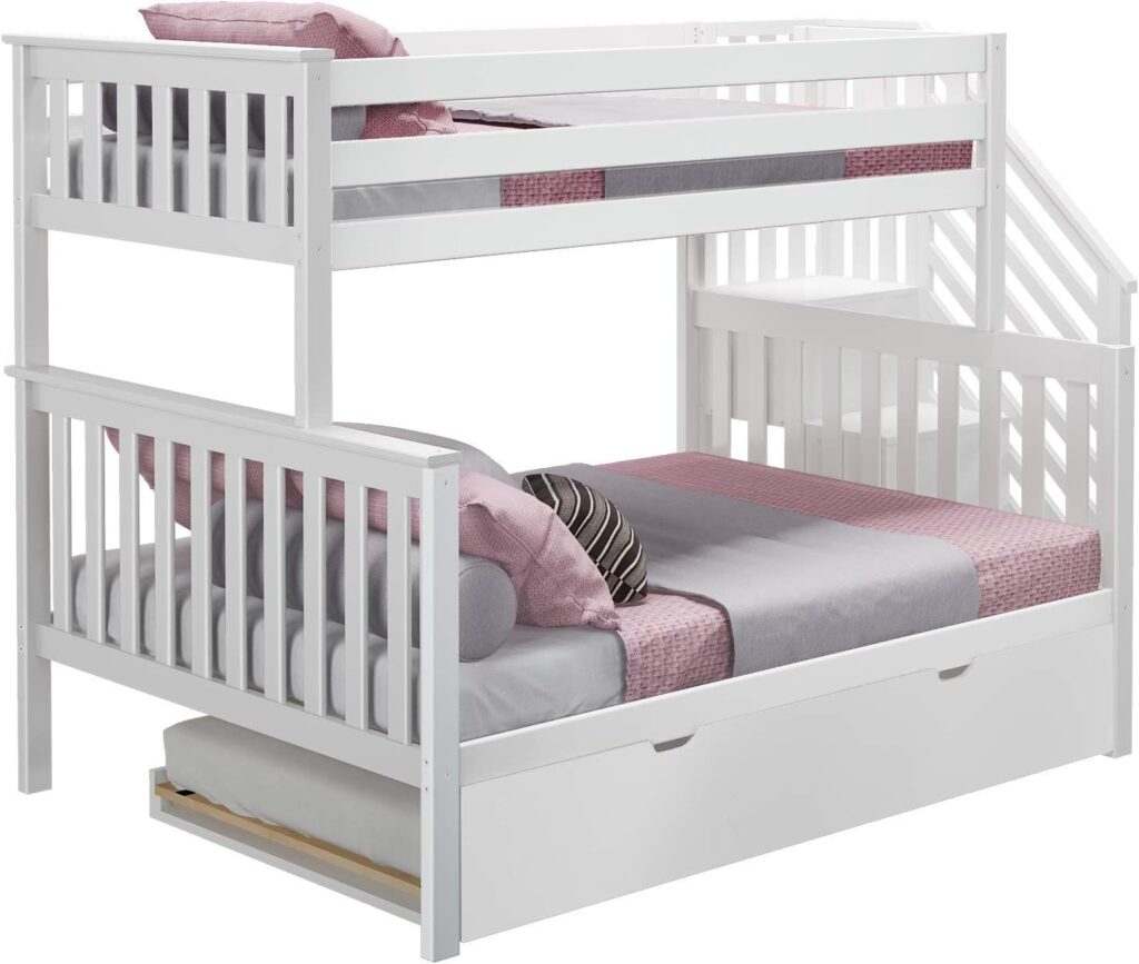 Max And Lily Twin Over Full Bunk Bed With Stairs And Trundle Angle View Max and Lily Twin Over Full Bunk Bed with Stairs and Trundle - angled studio view showing the full lower bunk, twin upper bunk with guardrails, side staircase, and pull-out trundle.
