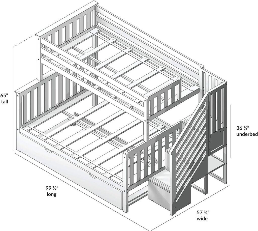 Max And Lily Twin Over Full Bunk Bed With Stairs And Trundle Dimensions Diagram Max and Lily Twin Over Full Bunk Bed with Stairs and Trundle - line drawing labeled with overall height, length, width, and under-bed clearance measurements.