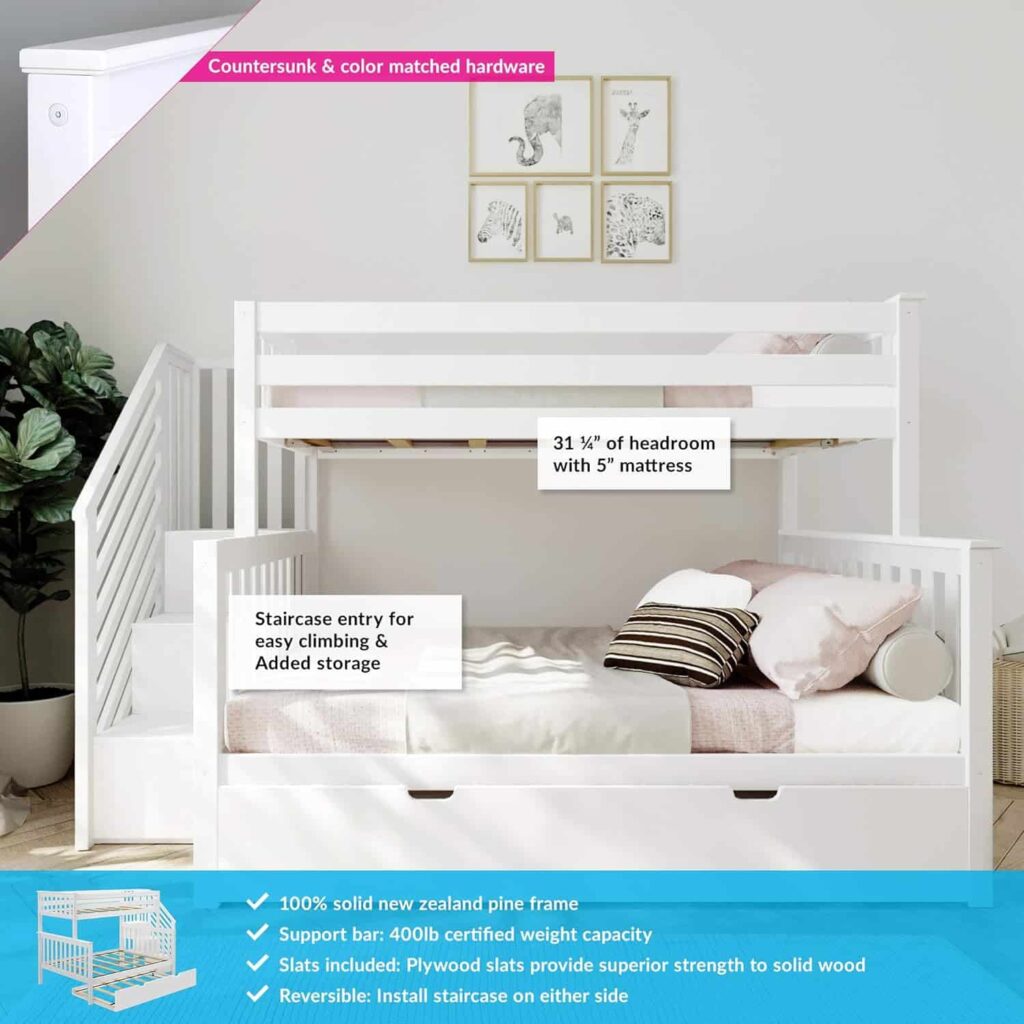 Max And Lily Twin Over Full Bunk Bed With Stairs And Trundle Features Diagram Max and Lily Twin Over Full Bunk Bed with Stairs and Trundle - feature callouts showing under-bunk headroom, staircase entry with added storage, solid pine frame, and certified weight capacity.