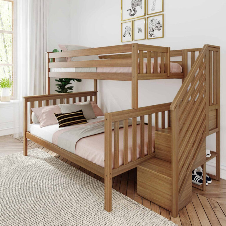 Max and Lily Twin Over Full Bunk Bed with Stairs in Pecan - angled view in a styled bedroom showing the safety guardrails and storage staircase
