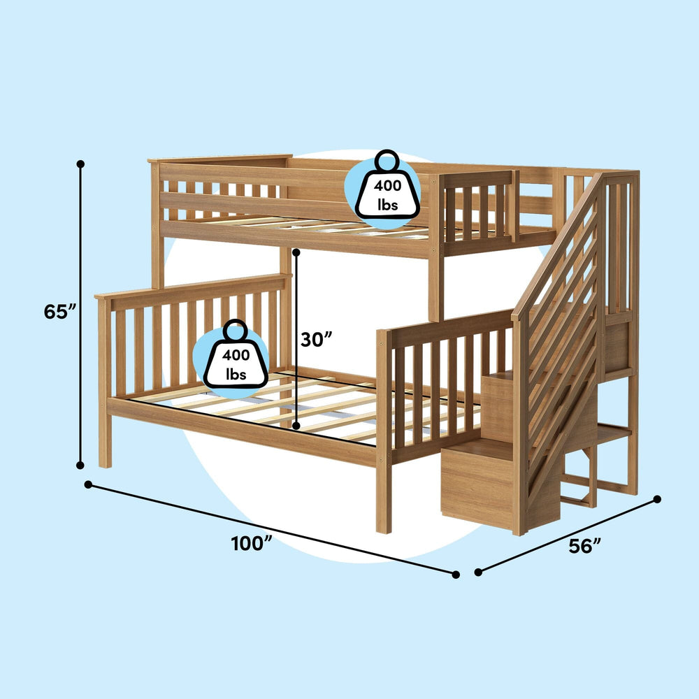 Max and Lily Twin Over Full Bunk Bed with Stairs in Pecan - dimensions diagram showing 65 inches high, 100 inches long and 56 inches wide with 400 lb weight capacity per bunk