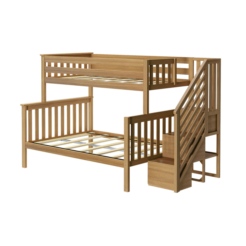 Max and Lily Twin Over Full Bunk Bed with Stairs in Pecan - bare bed frame showing the slat support on both bunks, no box spring needed