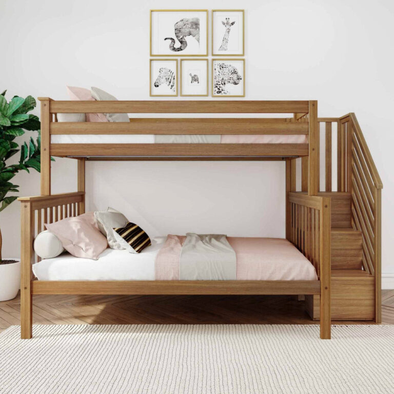 Max and Lily Twin Over Full Bunk Bed with Stairs in Pecan - front view in a decorated bedroom with the staircase entry on the right