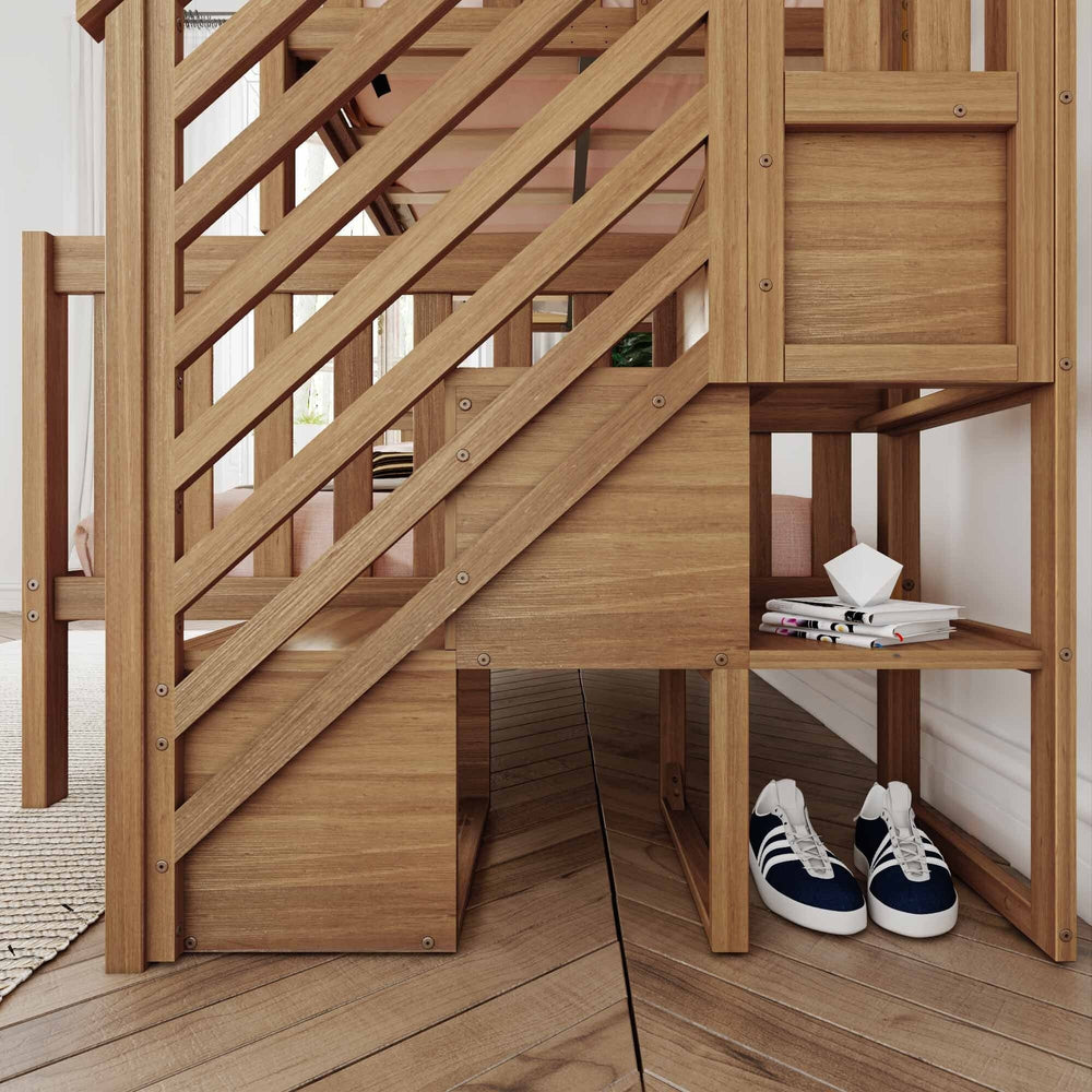 Max and Lily Twin Over Full Bunk Bed with Stairs in Pecan - closeup of the staircase with built-in storage shelves holding shoes and books