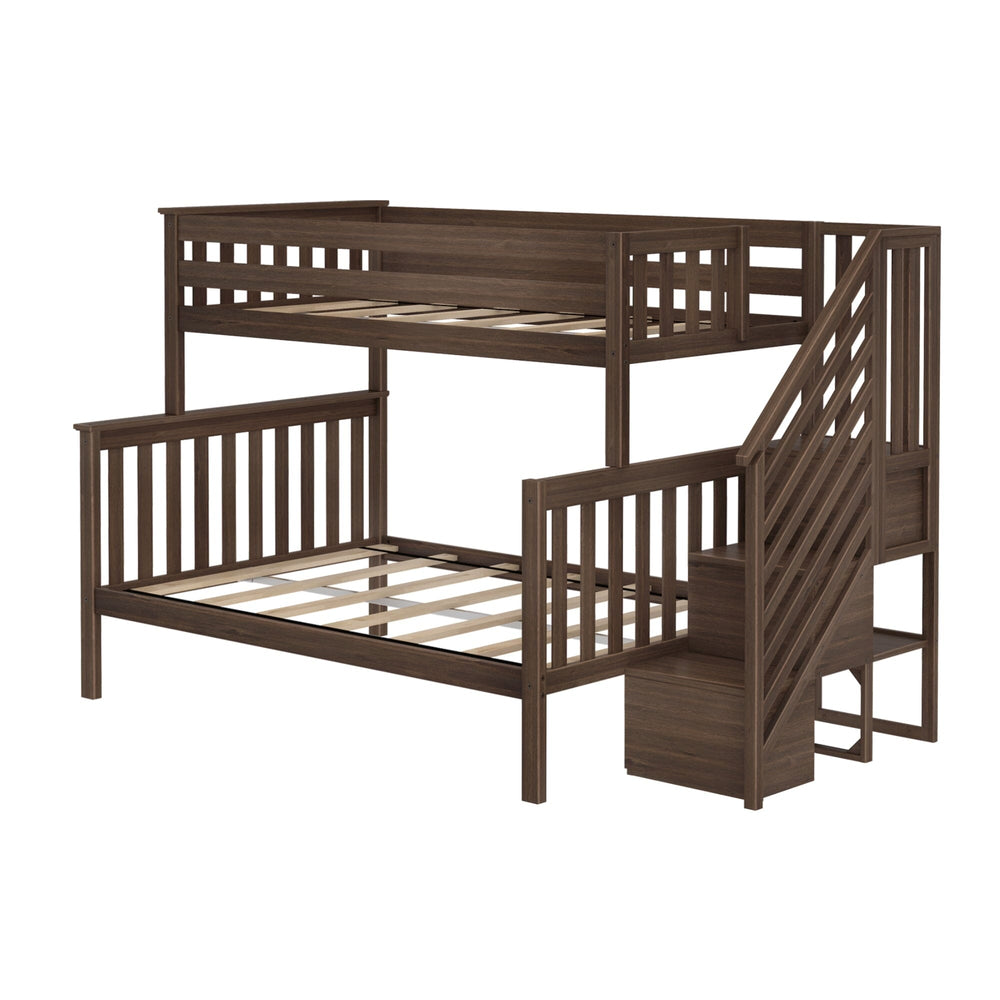 Max and Lily Twin Over Full Bunk Bed with Stairs in Walnut - angled studio view showing the slat support on both bunks, full-length guardrails, and end staircase with storage steps