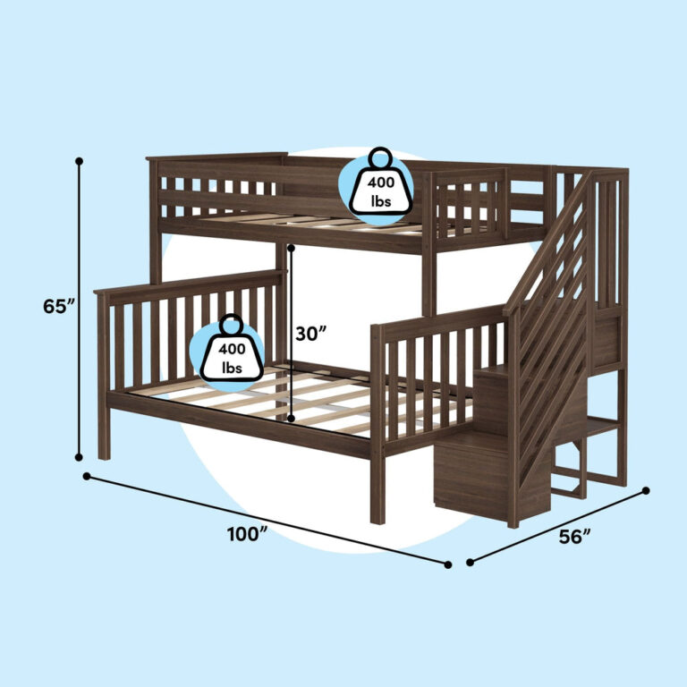 Max and Lily Twin Over Full Bunk Bed with Stairs in Walnut - dimensions diagram showing 65-inch height, 100-inch length, 56-inch width, 30-inch clearance between bunks, and a 400-pound weight capacity per bed