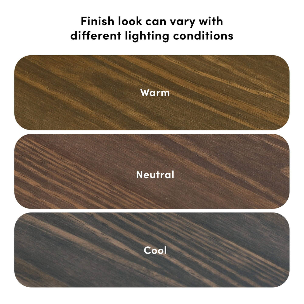 Max and Lily Twin Over Full Bunk Bed with Stairs in Walnut - three wood swatches showing how the finish looks under warm, neutral, and cool lighting conditions