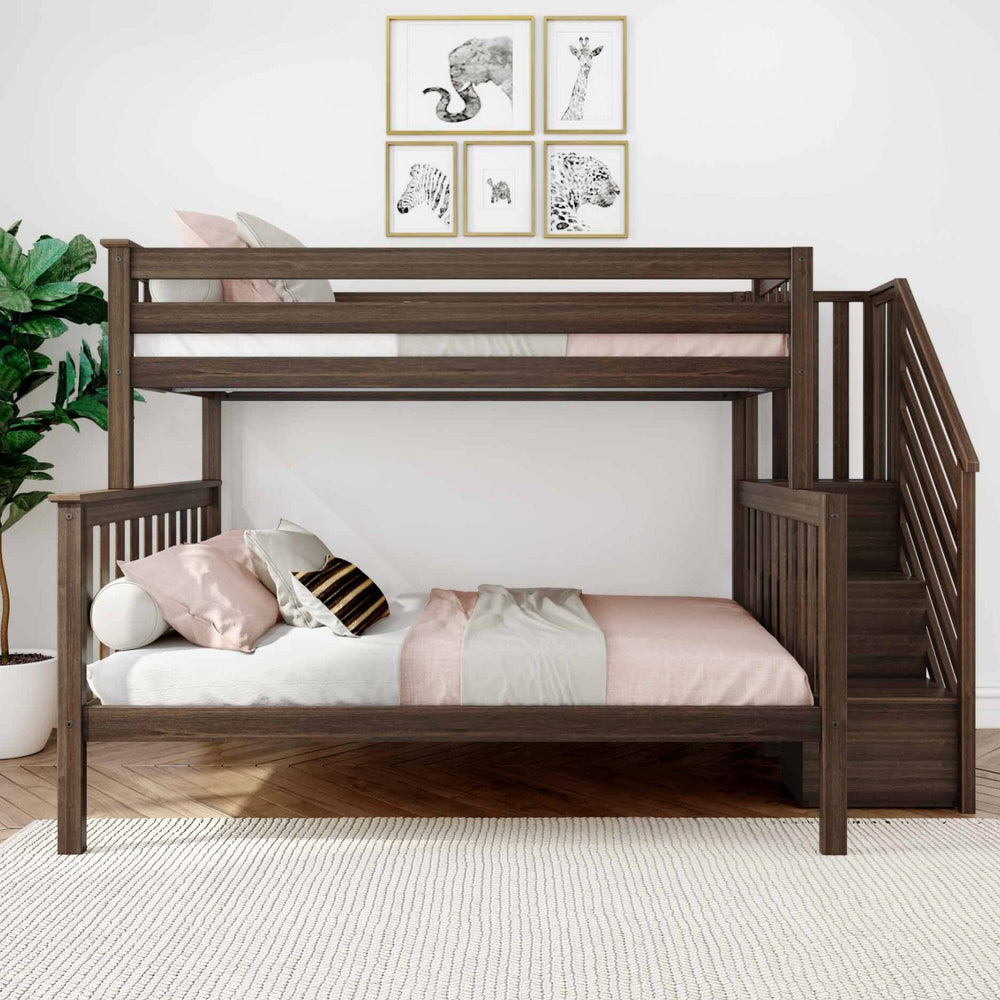 Max and Lily Twin Over Full Bunk Bed with Stairs in Walnut - straight-on view in a bedroom with the staircase at the right end, guardrails on the top bunk, and pastel bedding on both beds