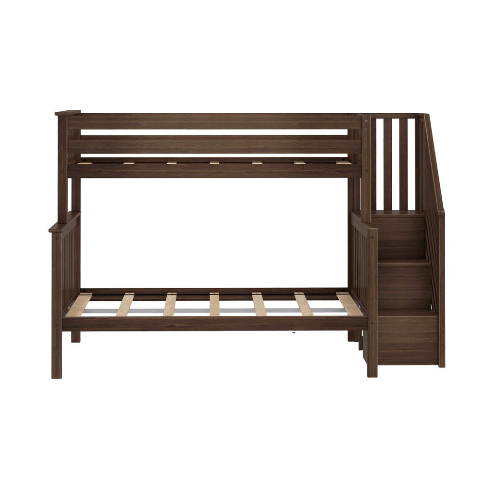 Max and Lily Twin Over Full Bunk Bed with Stairs in Walnut - front studio view showing the twin bunk over the wider full bed, wood slat rolls, and staircase entry on the right