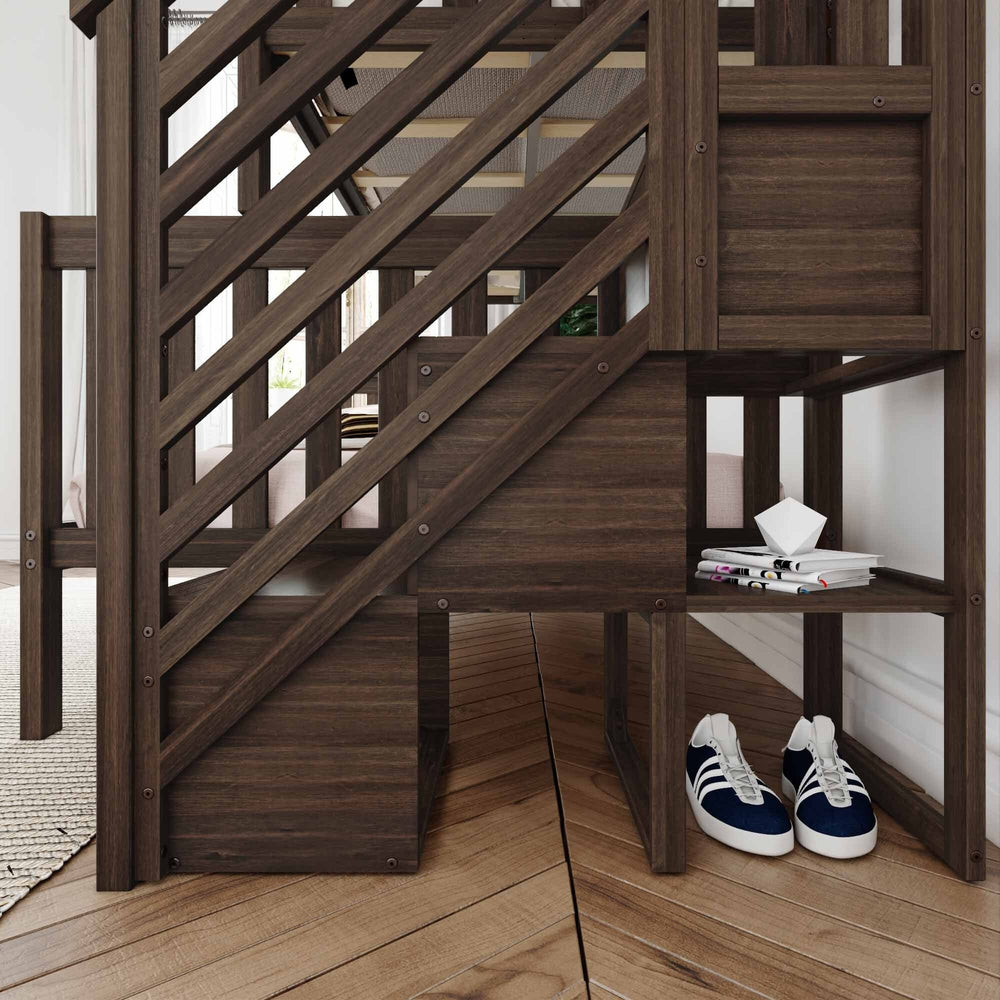 Max and Lily Twin Over Full Bunk Bed with Stairs in Walnut - closeup of the staircase showing the built-in storage steps and open shelves holding books and shoes