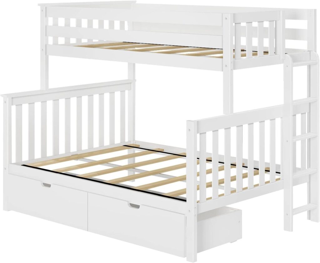 Max And Lily Twin Over Full Bunk Bed With Storage And Ladder On End Angle View Max and Lily Twin over Full Bunk Bed with Storage and Ladder on End - angled studio view of the frame showing the end ladder, slat platforms, and a pull-out storage drawer