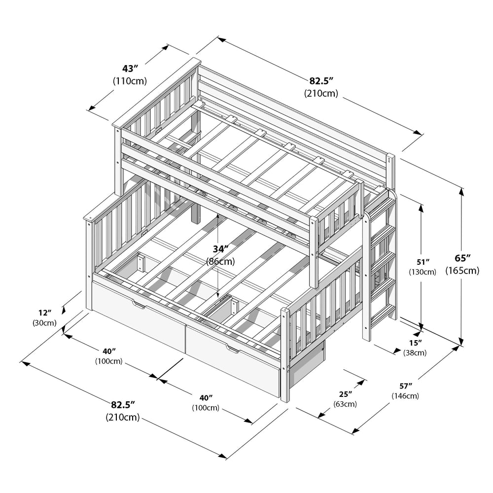 Max And Lily Twin Over Full Bunk Bed With Storage And Ladder On End Clay Dimensions Diagram Max and Lily Twin over Full Bunk Bed with Storage and Ladder on End in Clay - dimensions diagram labeling the bed height, width and length in inches and centimeters.
