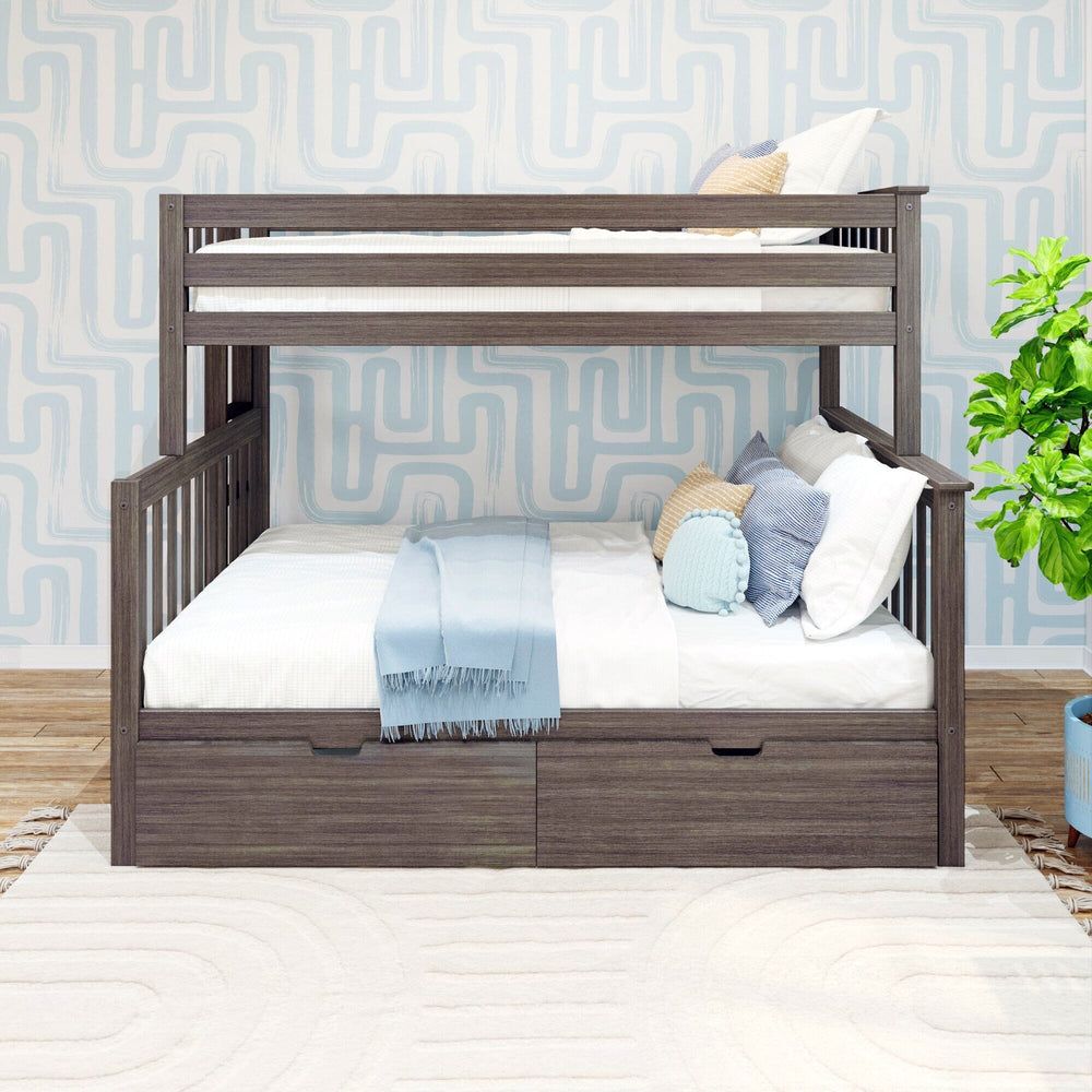 Max and Lily Twin over Full Bunk Bed with Storage and Ladder on End in Clay - front view styled with pillows above the closed storage drawers.